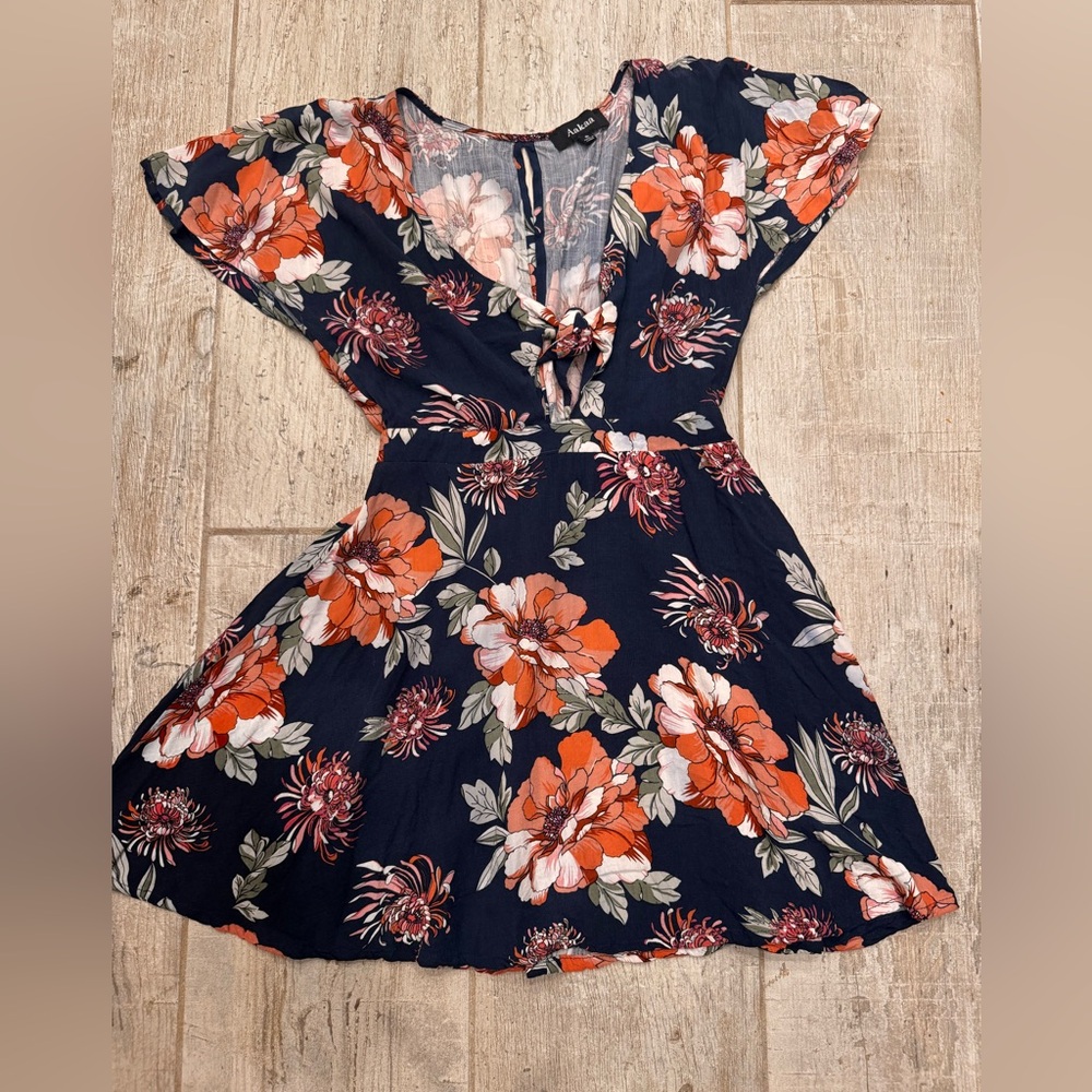Aakaa Navy Floral Mini Dress with Orange and White Accents Size Small